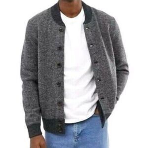 J Crew Factory Lambswool Bomber Sweater Charcoal Cardigan Pockets Men's sz M NWT